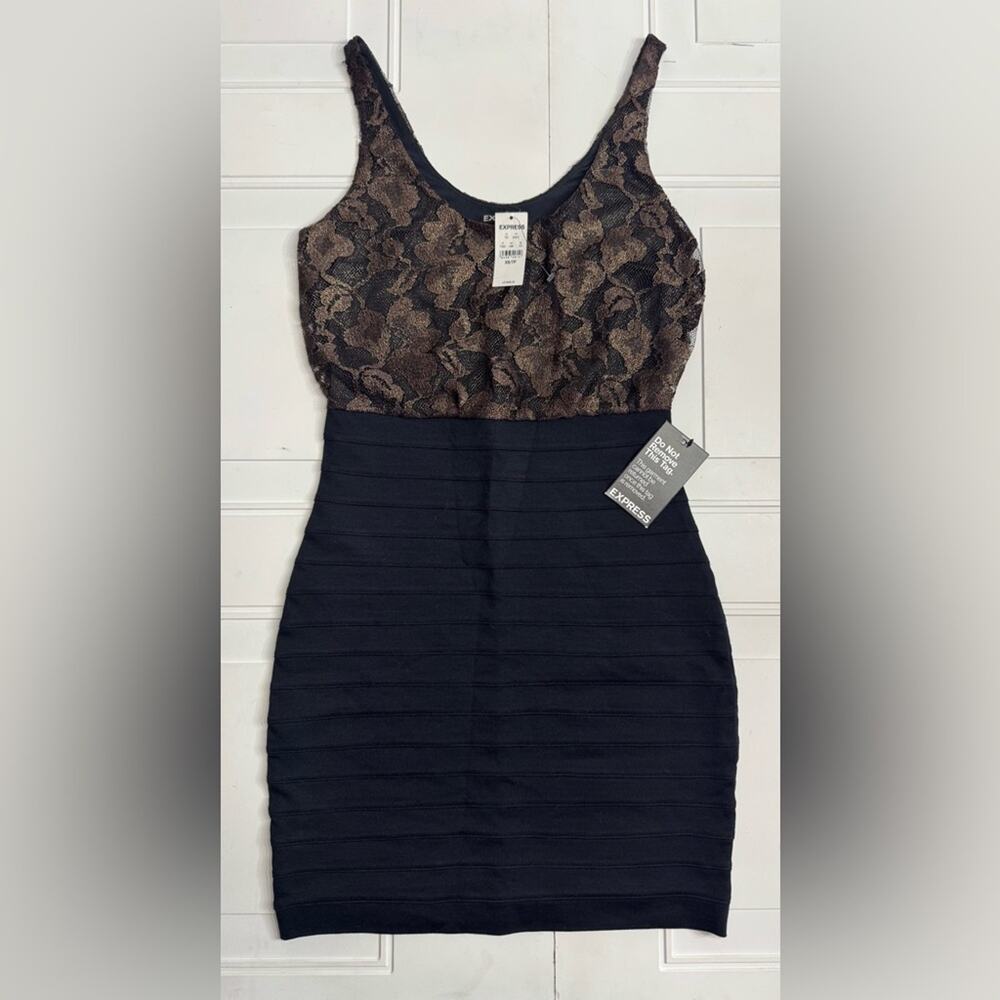Express NWT Womens Sz XS Bodycon Black Tan Lace Sleeveless Cocktail Dress